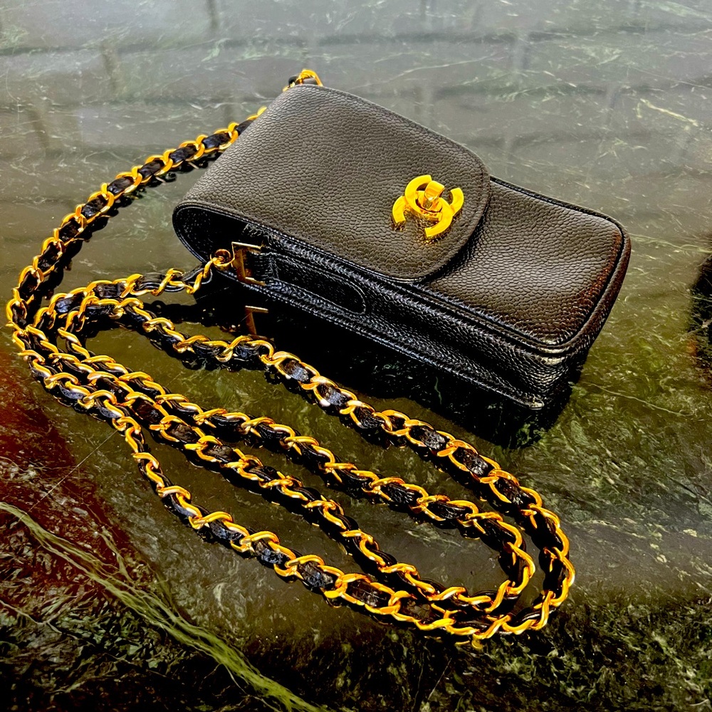 AUTHENTIC CHANEL Black and Gold Quilted Phone Case